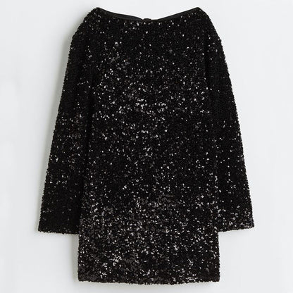 Long Sleeve Loose Sequined Tie-back Dress