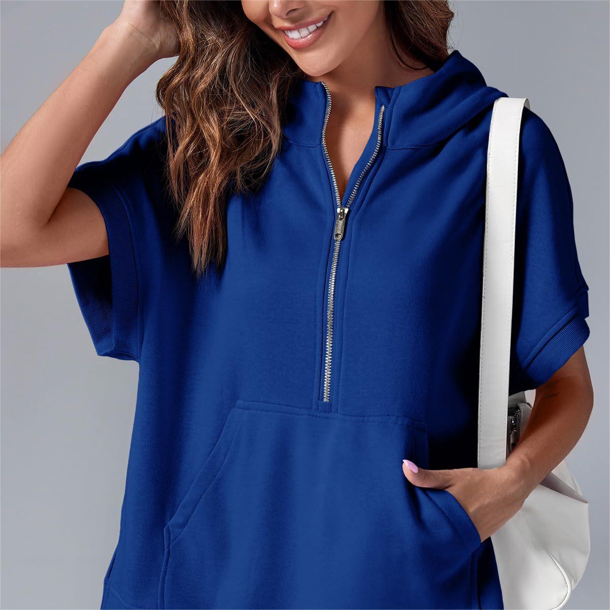 2024 Oversized Casual Half Zip Short Sleeve Pullover Tops with Pockets