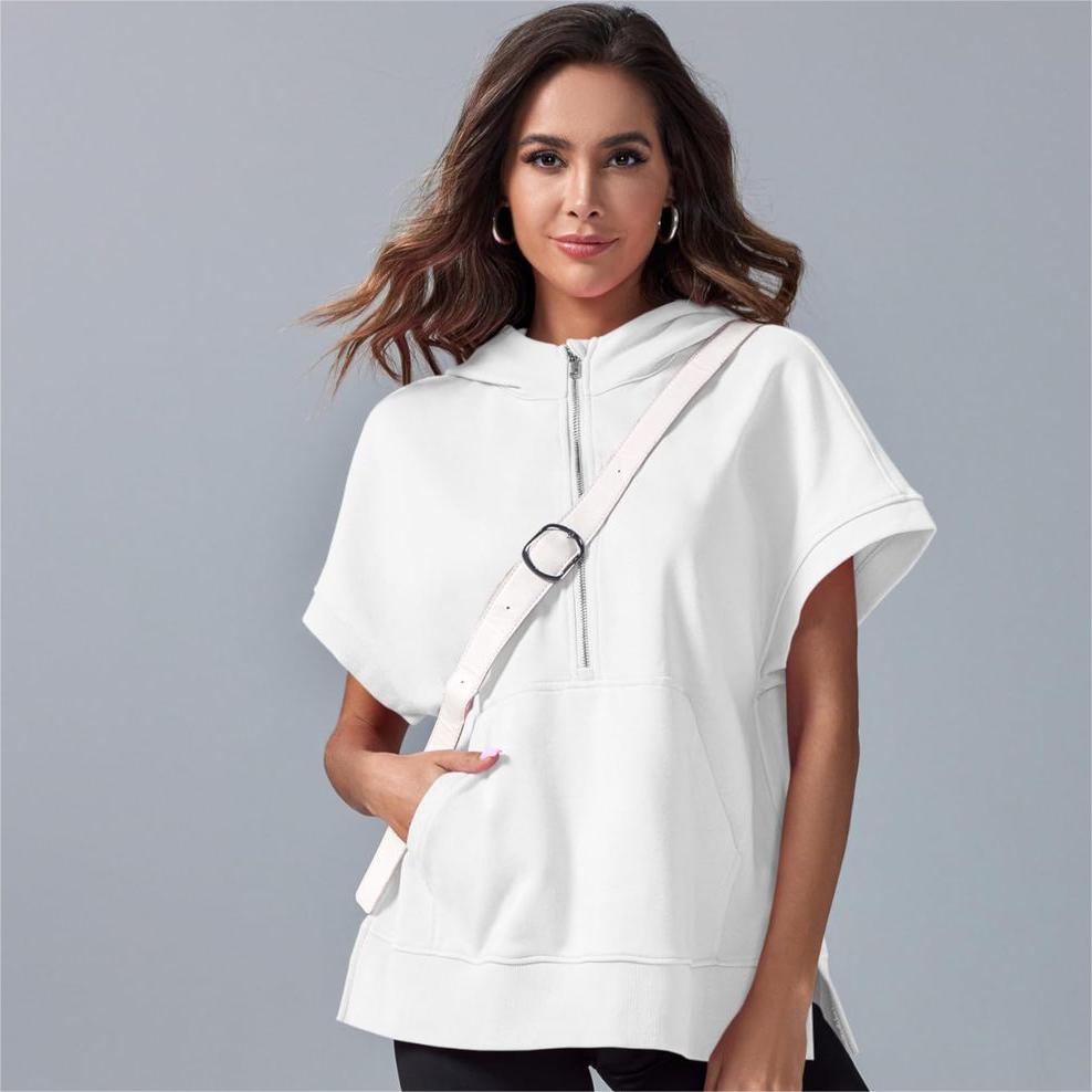 2024 Oversized Casual Half Zip Short Sleeve Pullover Tops with Pockets