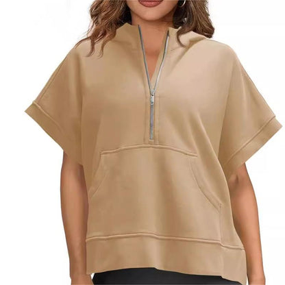 2024 Oversized Casual Half Zip Short Sleeve Pullover Tops with Pockets