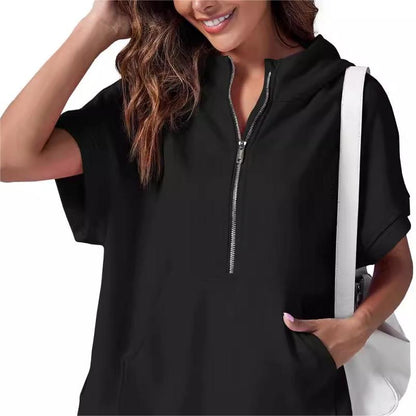 2024 Oversized Casual Half Zip Short Sleeve Pullover Tops with Pockets