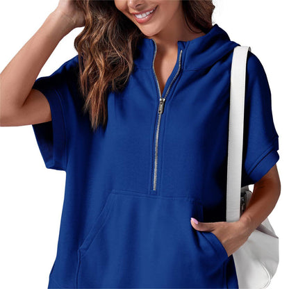 2024 Oversized Casual Half Zip Short Sleeve Pullover Tops with Pockets