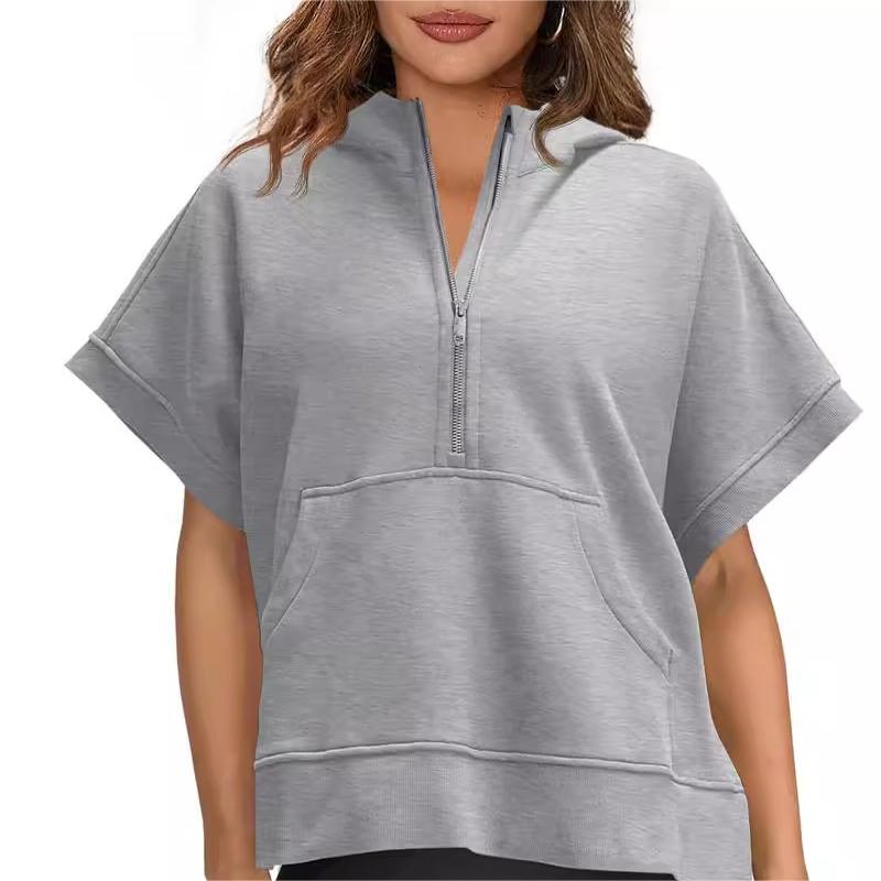 2024 Oversized Casual Half Zip Short Sleeve Pullover Tops with Pockets