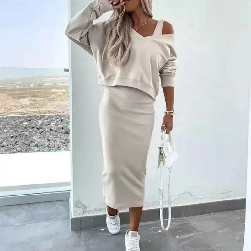 Women's 2-Piece Set Sleeveless Dress & Loose V-Neck Pullover