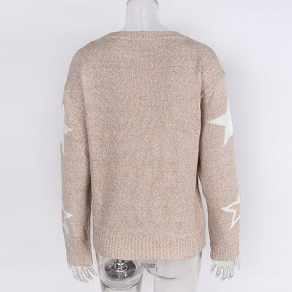 Women's Long-Sleeve Crew Neck Sweater with Star Pattern