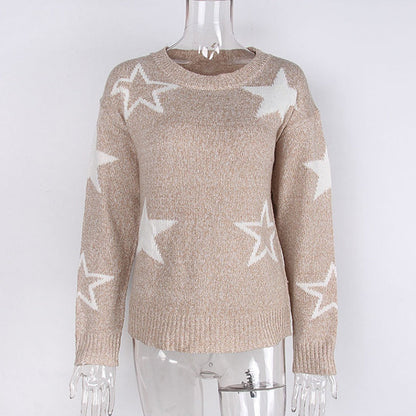 Women's Long-Sleeve Crew Neck Sweater with Star Pattern