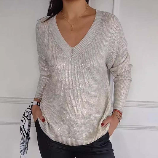 Women's Casual V-Neck Metallic Sheen Knit Sweater