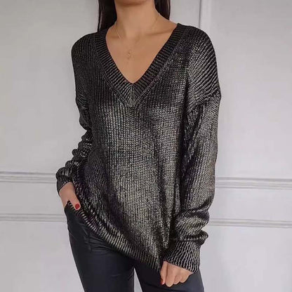 Women's Casual V-Neck Metallic Sheen Knit Sweater