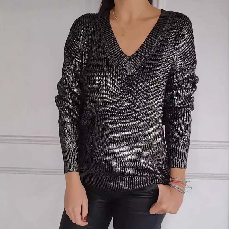 Women's Casual V-Neck Metallic Sheen Knit Sweater