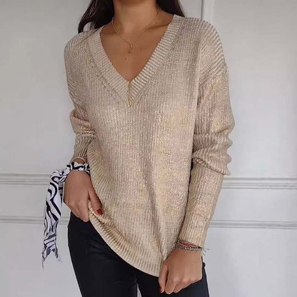 Women's Casual V-Neck Metallic Sheen Knit Sweater