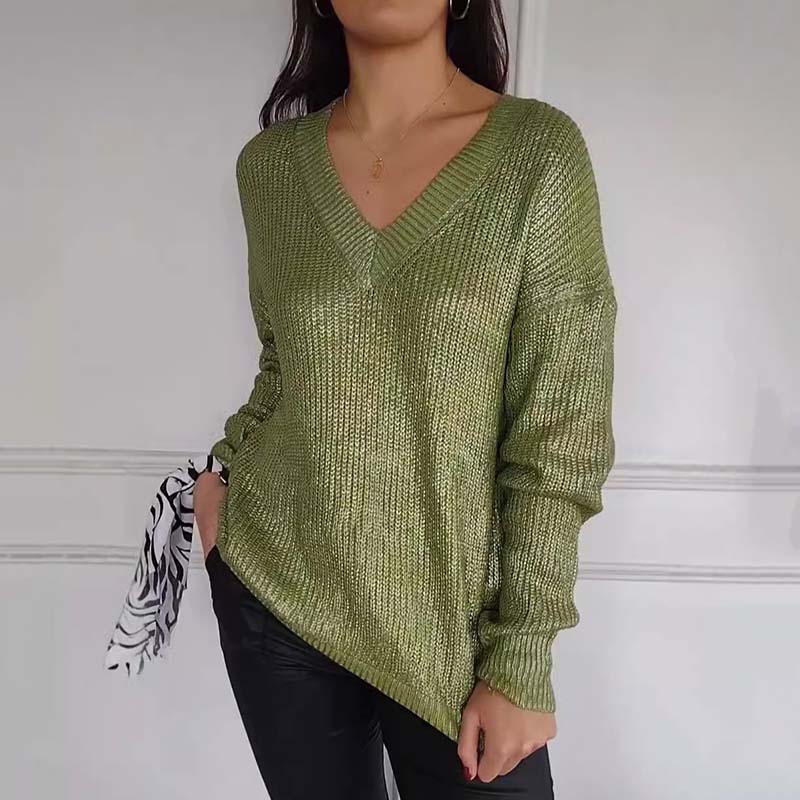 Women's Casual V-Neck Metallic Sheen Knit Sweater