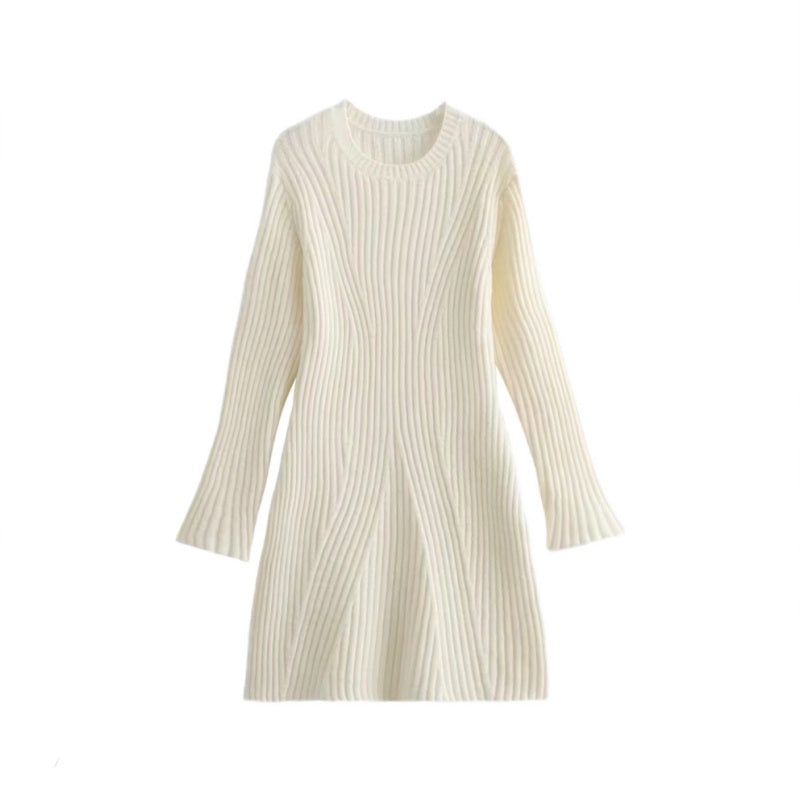 Solid Color Round Neck Knit Long Sleeve Mini Dress