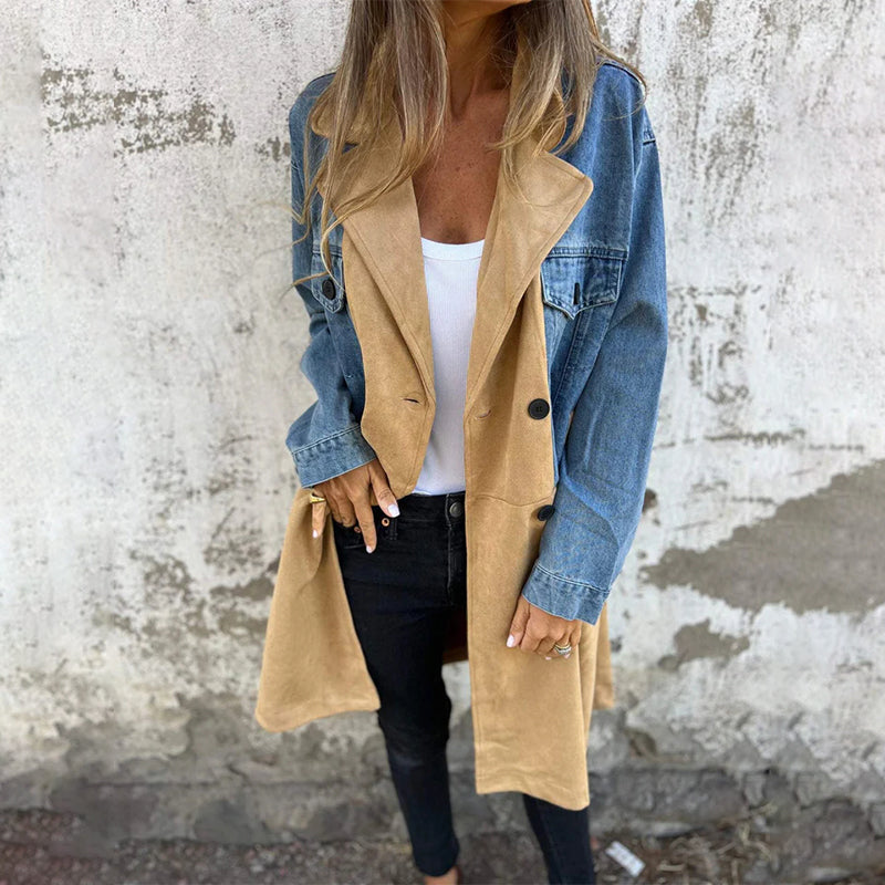 Mid-Length Trench Coat with Denim Jean Stitching