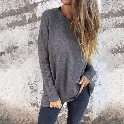 Women's Solid Round Neck Long Sleeve Tops