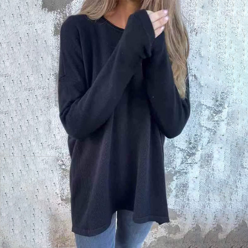 Women's Solid Round Neck Long Sleeve Tops