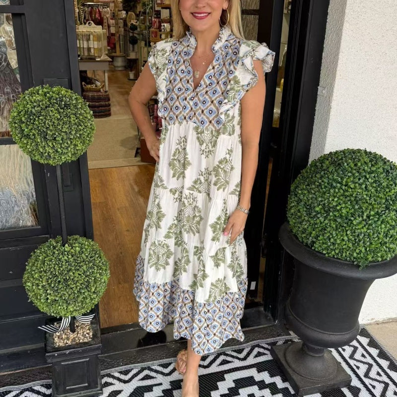 Women's Elegant Printed Ruffle Sleeveless Dress