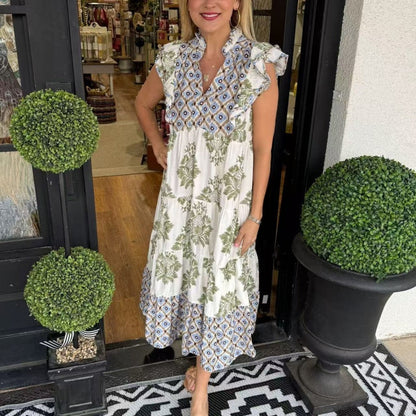 Women's Elegant Printed Ruffle Sleeveless Dress