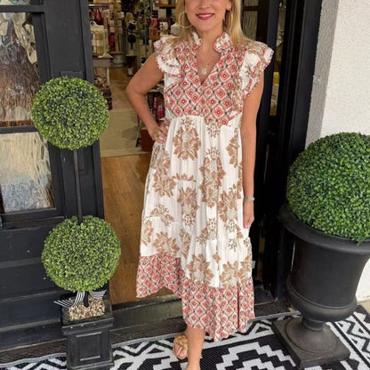 Women's Elegant Printed Ruffle Sleeveless Dress