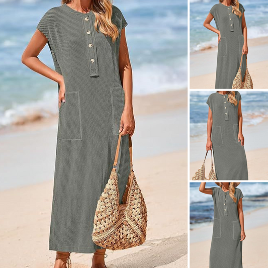 Women's Ribbed Knit Henley Maxi Dress